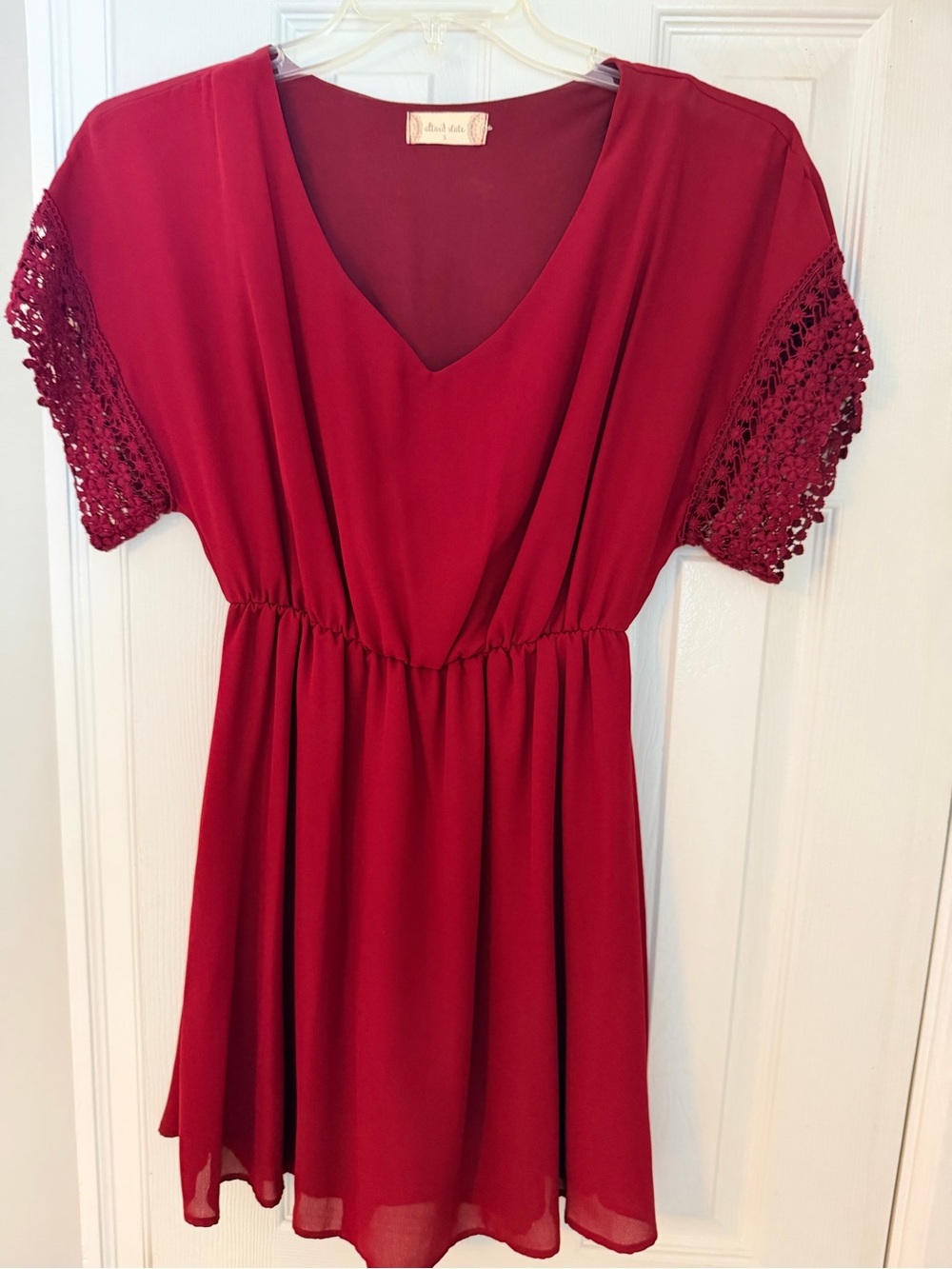 Altered state Women’s dark Red V-Neck Dress with Crochet Sleeves
